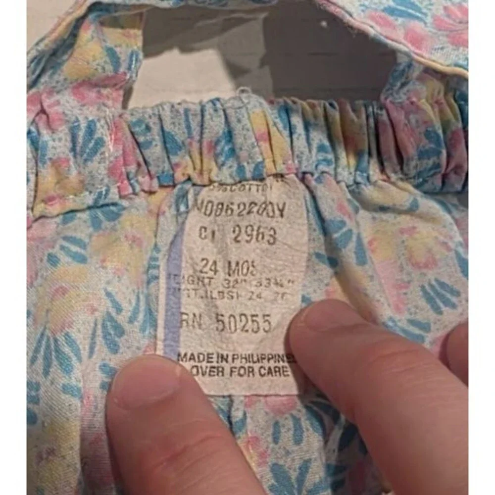 Vintage Blue Floral Romper Overalls with Cats, Matching Bonnet 24 Months